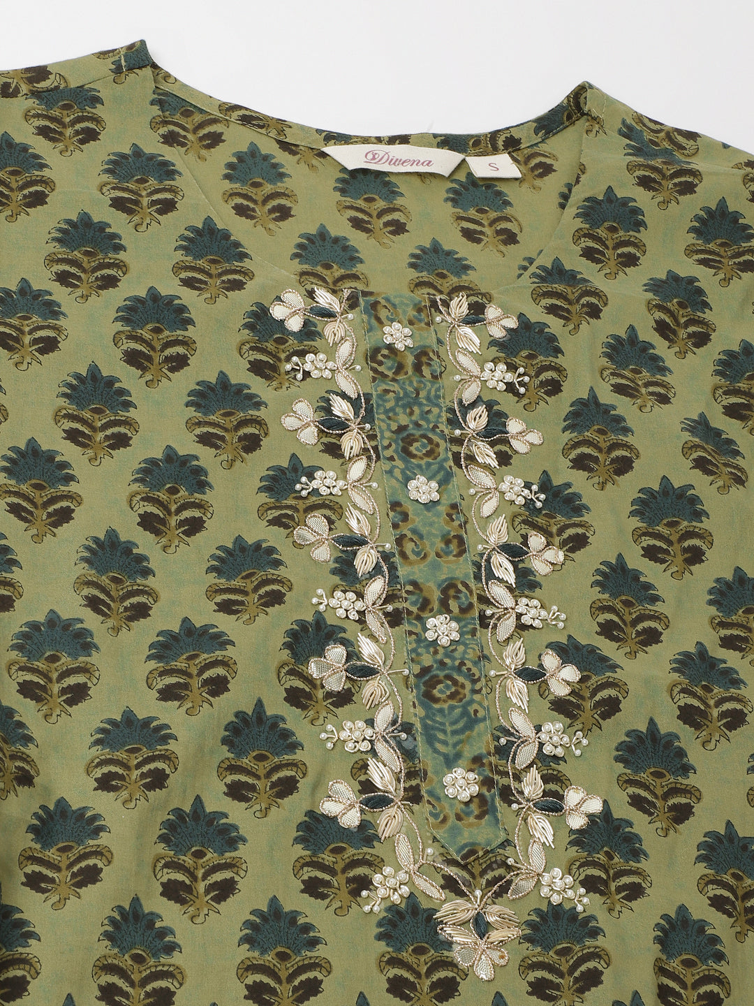 Noe Velarro Green Floral Print Cotton Embroidered Kurta set with Dupatta