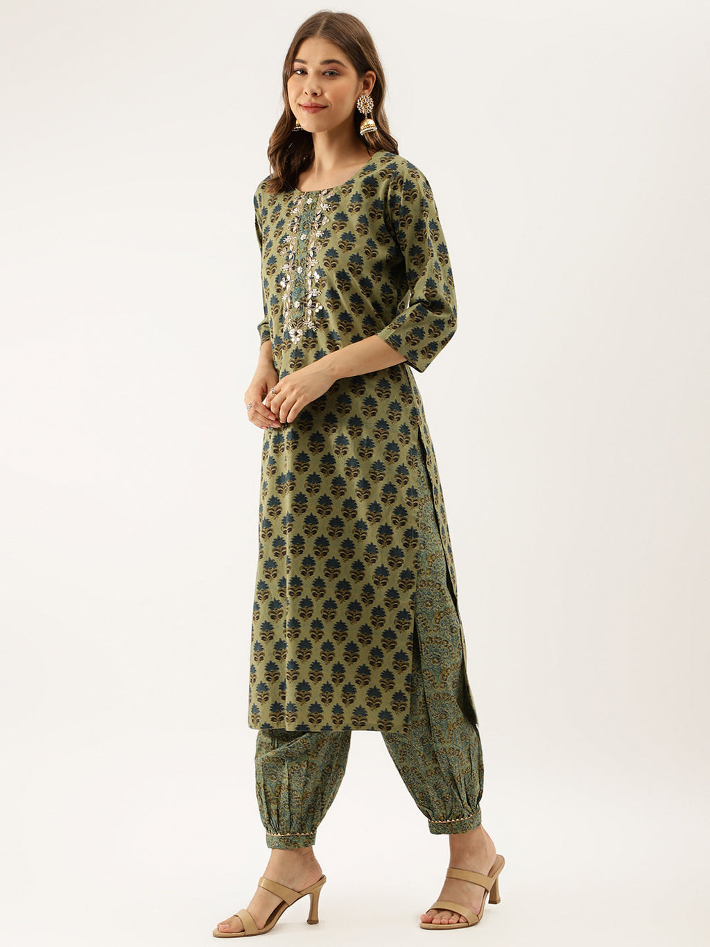 Noe Velarro Green Floral Print Cotton Embroidered Kurta set with Dupatta