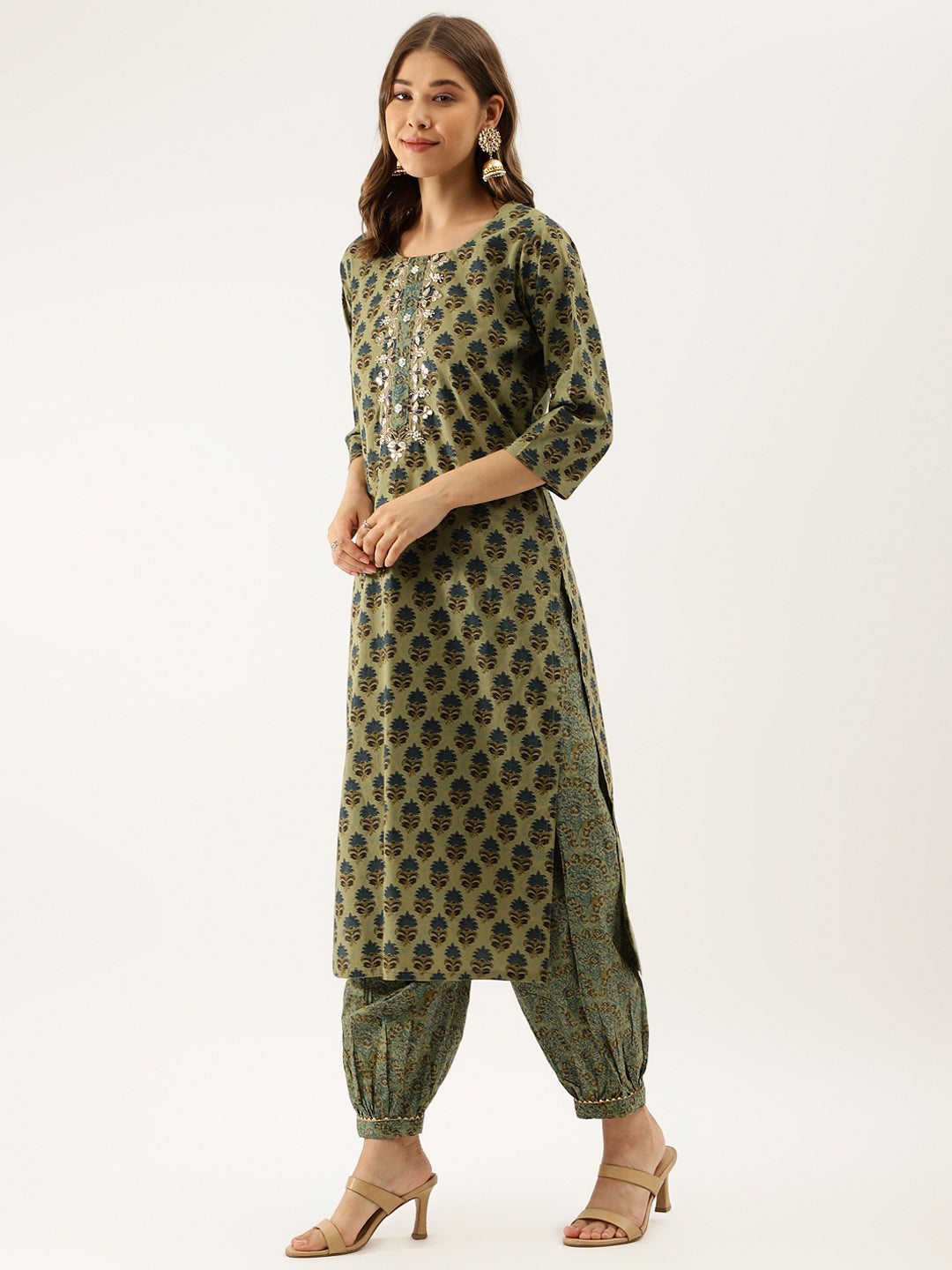 Noe Velarro Green Floral Print Cotton Embroidered Kurta set with Dupatta