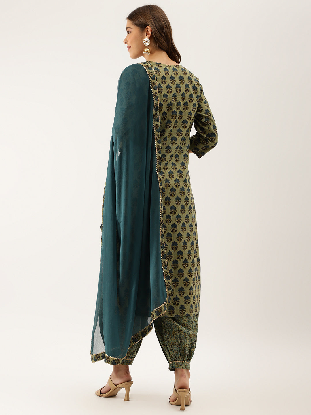 Noe Velarro Green Floral Print Cotton Embroidered Kurta set with Dupatta