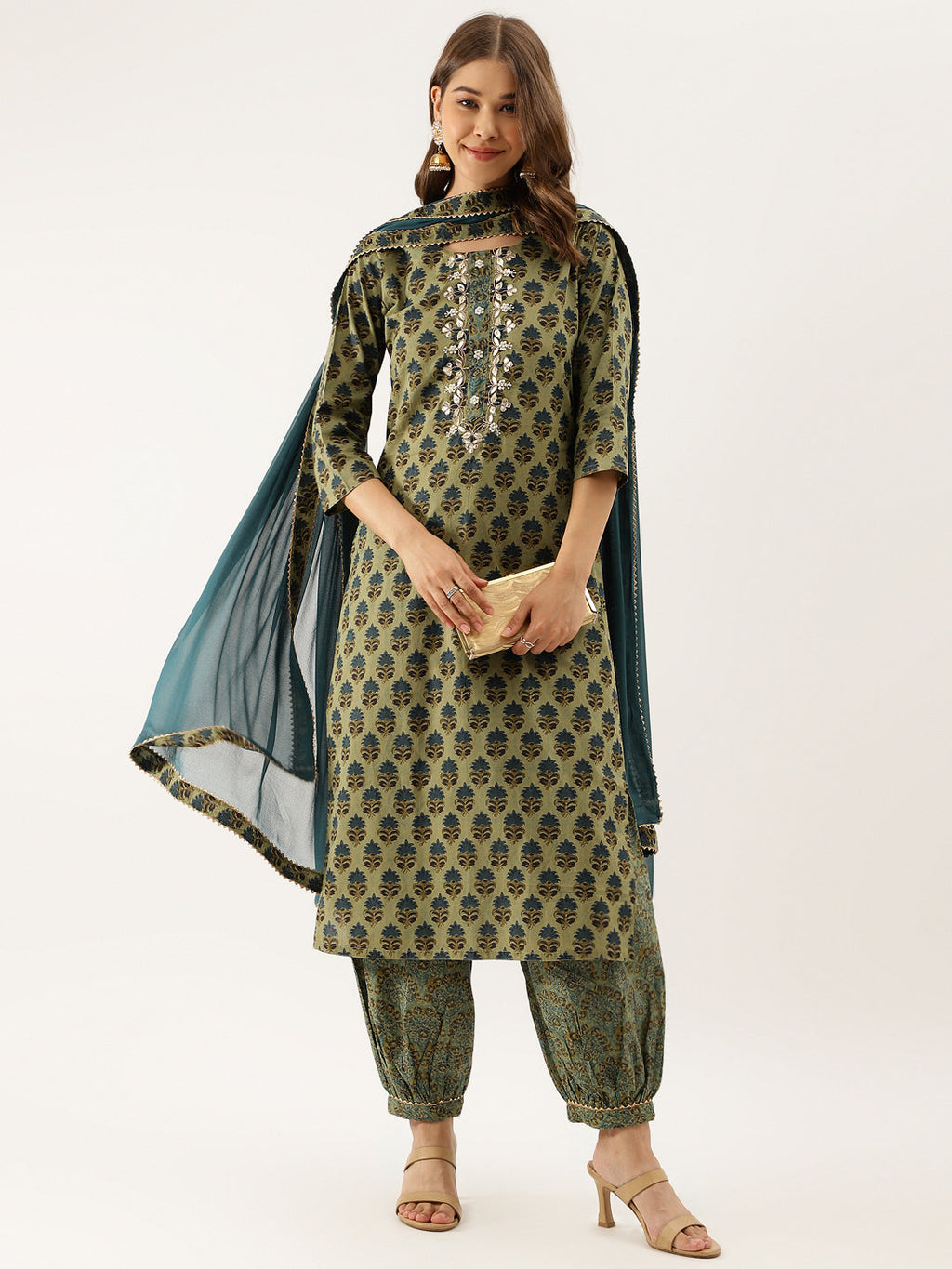 Noe Velarro Green Floral Print Cotton Embroidered Kurta set with Dupatta