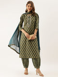 Noe Velarro Green Floral Print Cotton Embroidered Kurta set with Dupatta