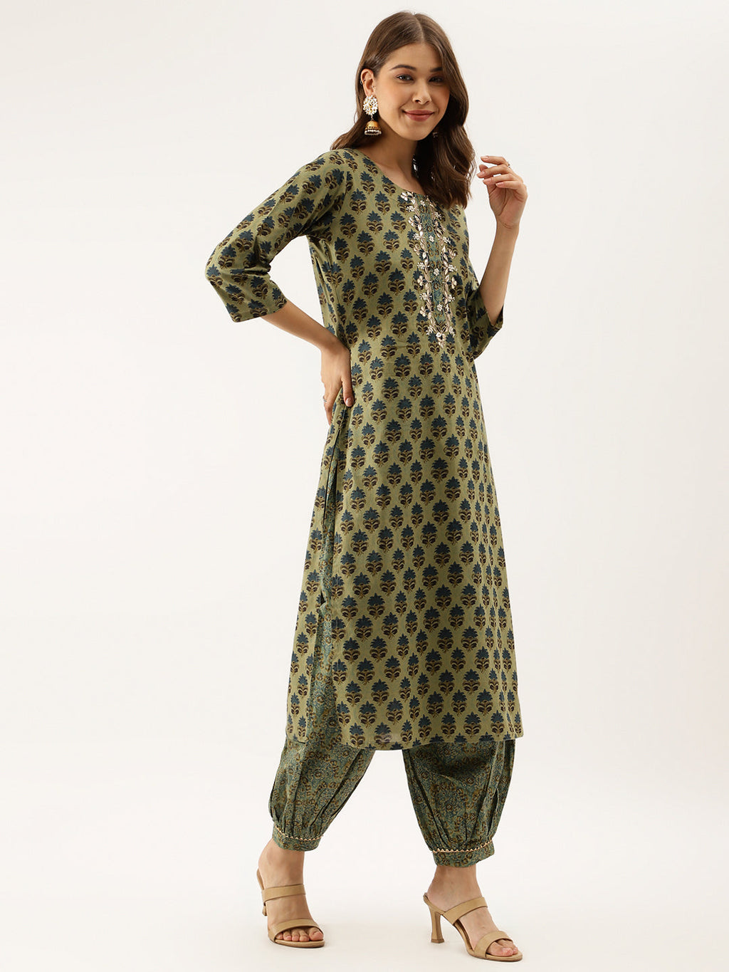 Noe Velarro Green Floral Print Cotton Embroidered Kurta set with Dupatta