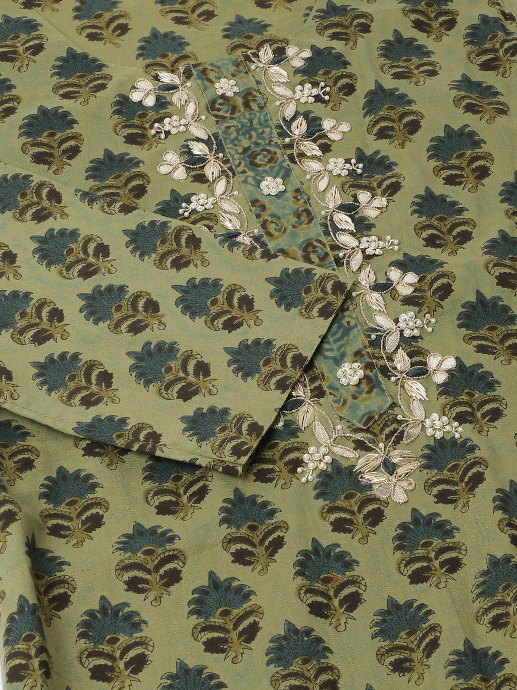Noe Velarro Green Floral Print Cotton Embroidered Kurta set with Dupatta