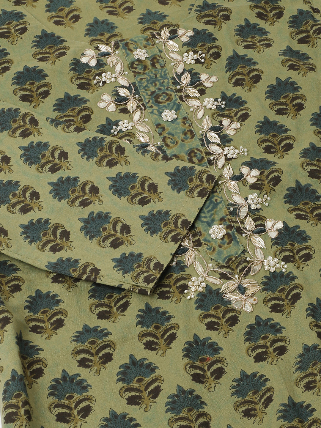 Noe Velarro Green Floral Print Cotton Embroidered Kurta set with Dupatta