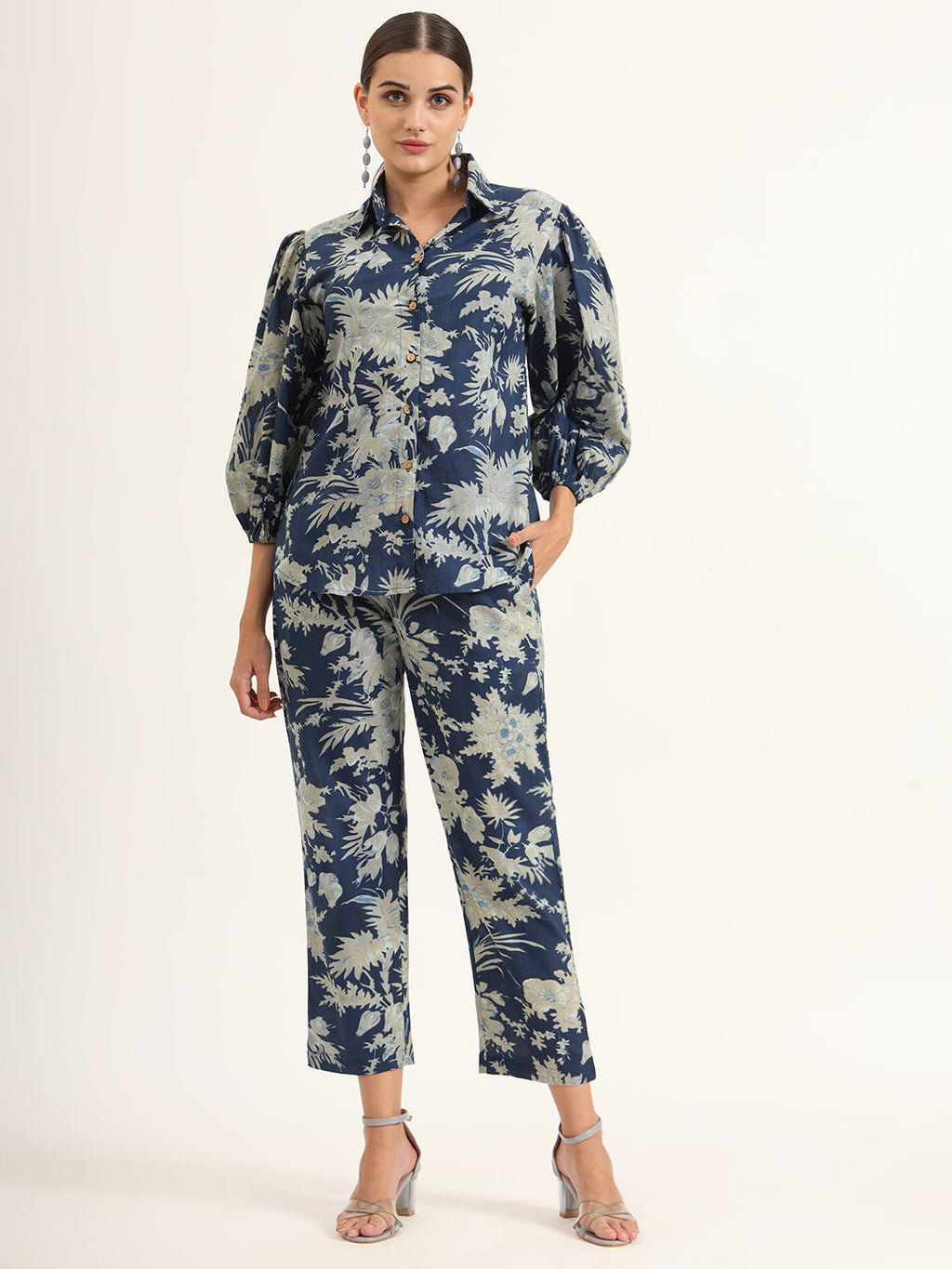 Noe Velarro Navy Floral Print Pure Cotton Straight Co-ord Set