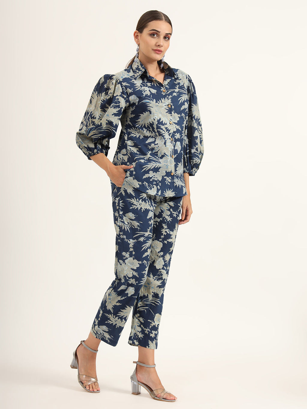 Noe Velarro Navy Floral Print Pure Cotton Straight Co-ord Set