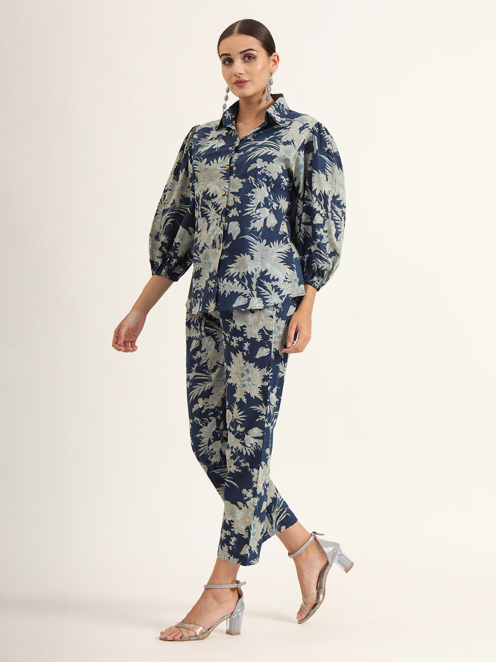 Noe Velarro Navy Floral Print Pure Cotton Straight Co-ord Set