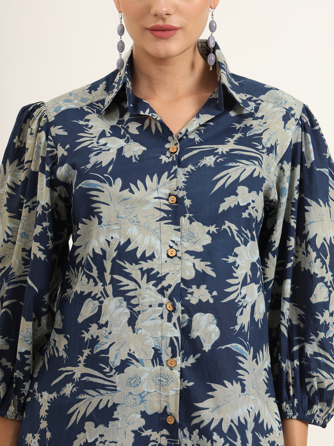 Noe Velarro Navy Floral Print Pure Cotton Straight Co-ord Set