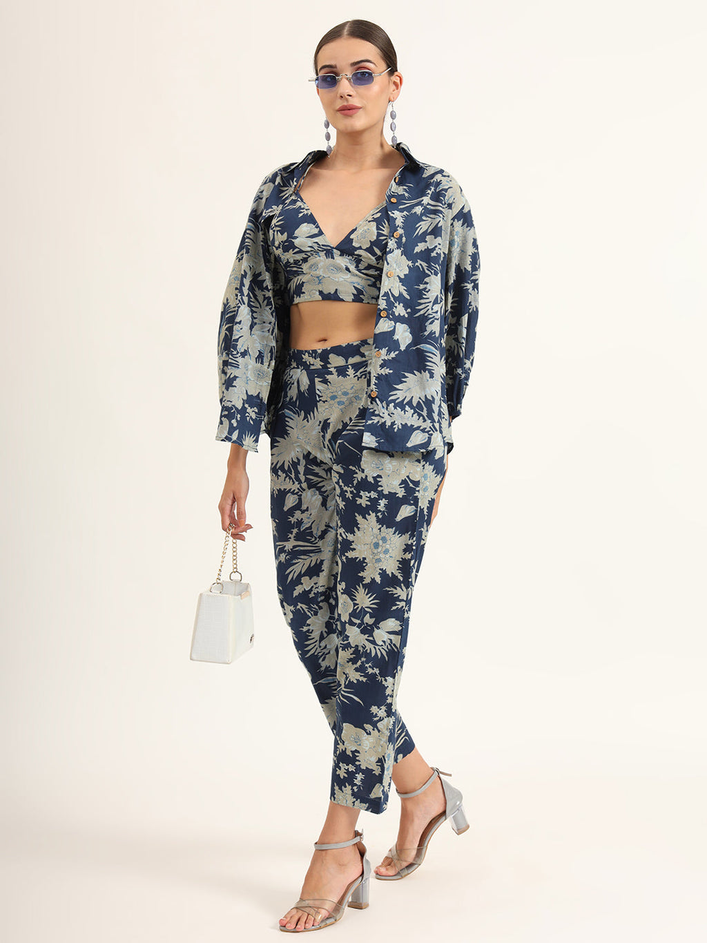 Noe Velarro Navy Floral Print Pure Cotton Straight Co-ord Set