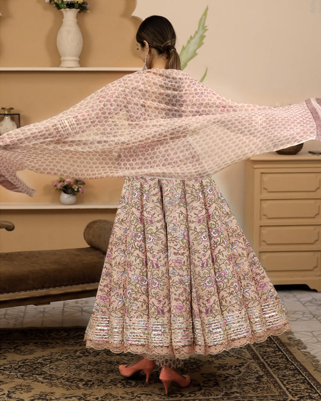Noe Velarro Handblock Floral Printed Beige Anarkali Cotton Kurta With Trousers & Dupatta