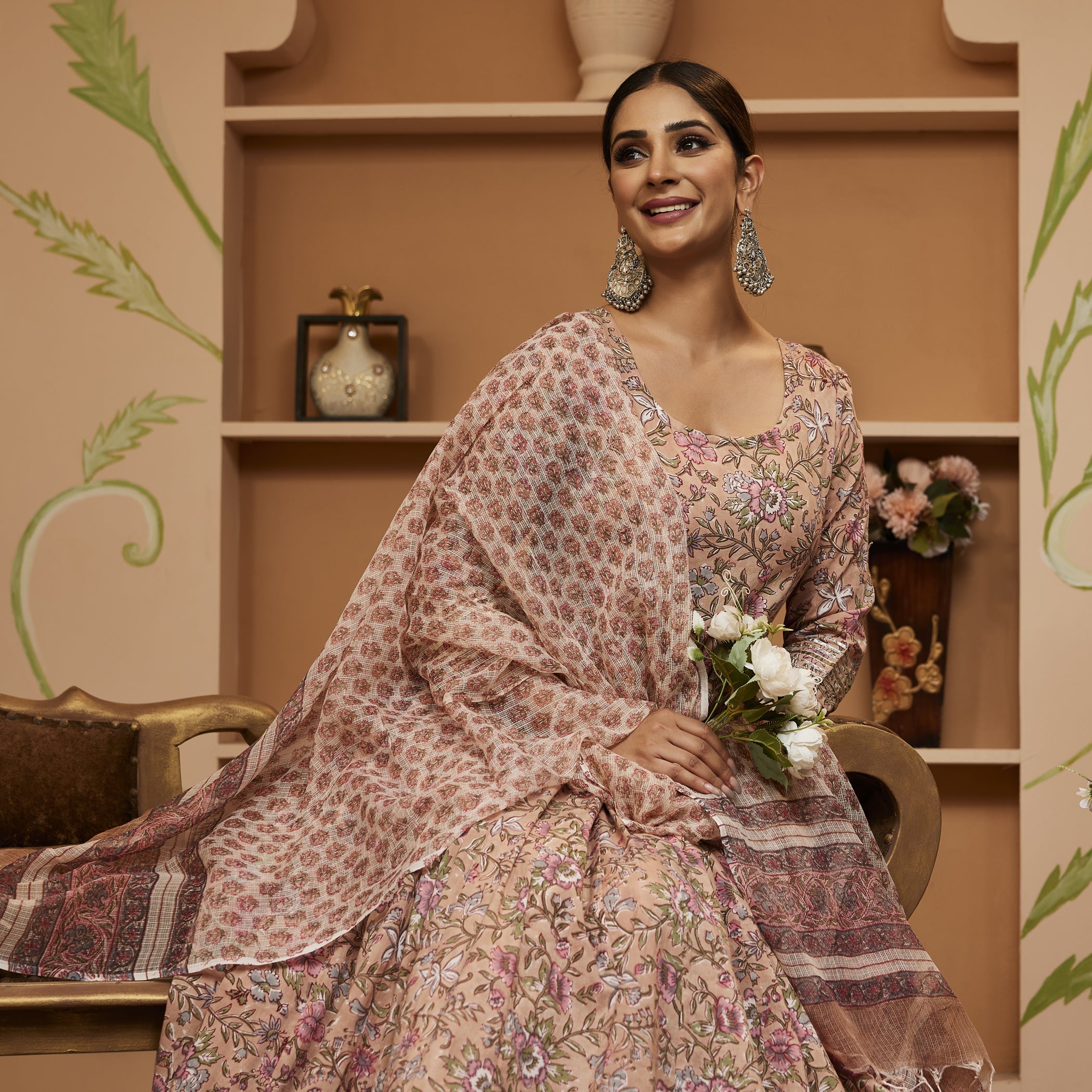 Noe Velarro Handblock Floral Printed Beige Anarkali Cotton Kurta With Trousers & Dupatta