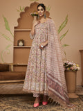 Noe Velarro Handblock Floral Printed Beige Anarkali Cotton Kurta With Trousers & Dupatta