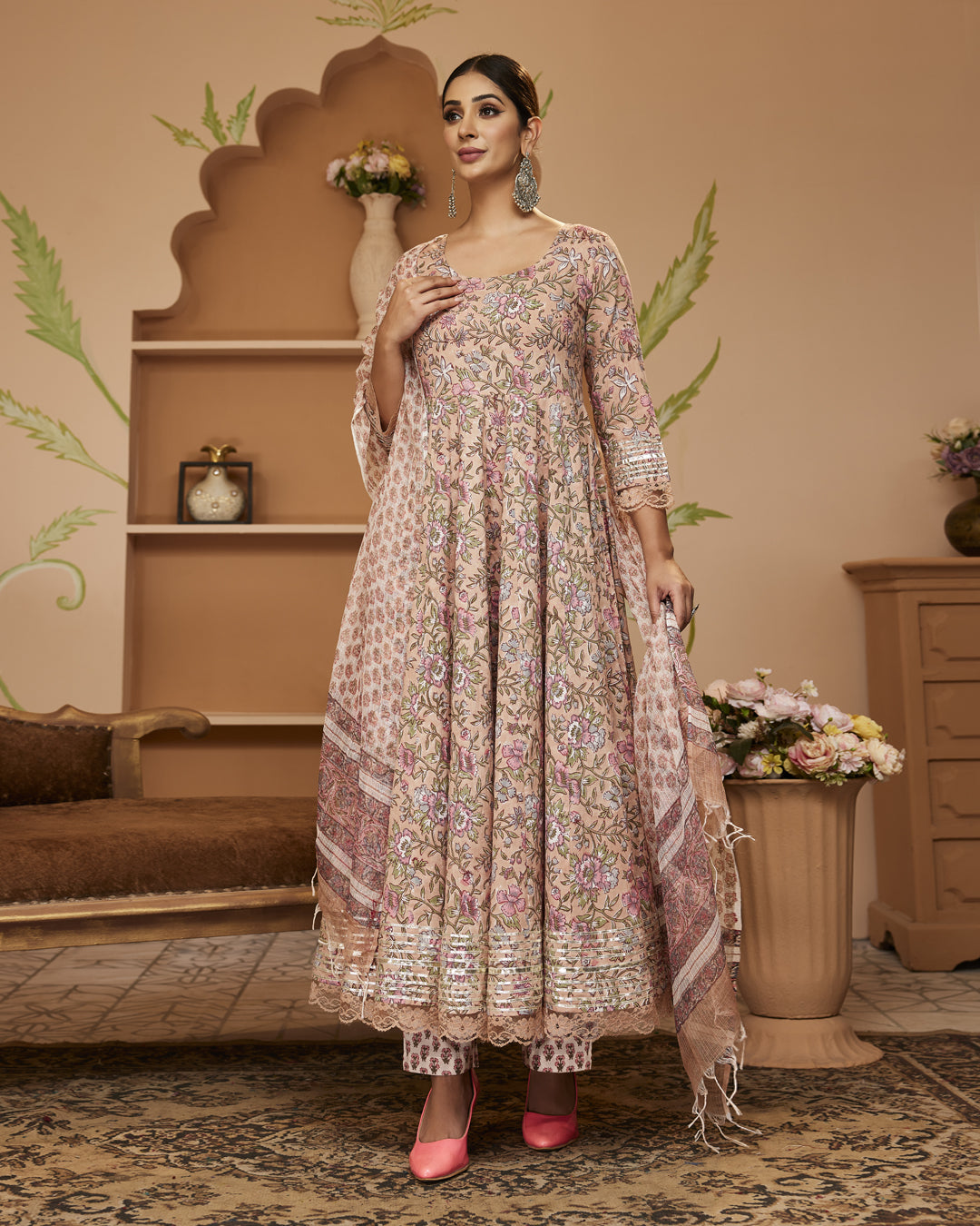 Noe Velarro Handblock Floral Printed Beige Anarkali Cotton Kurta With Trousers & Dupatta