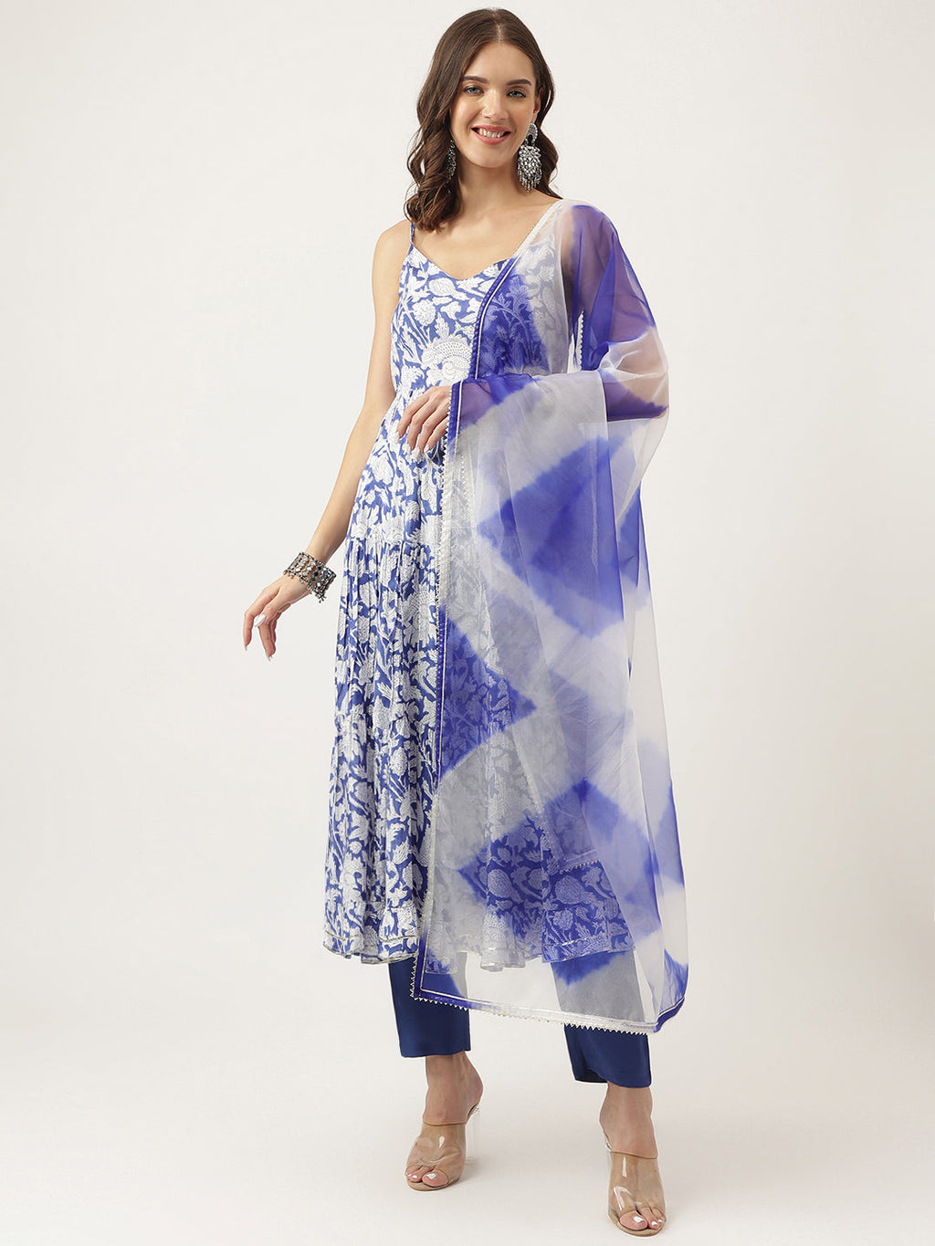 Noe Velarro Blue Muslin Floral Printed Kurta, Trouser with Dupatta Set