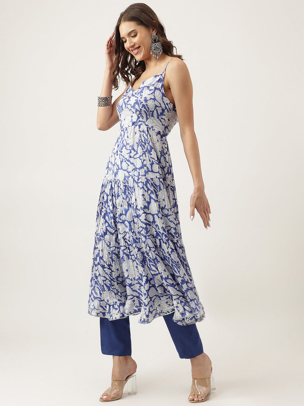 Noe Velarro Blue Muslin Floral Printed Kurta, Trouser with Dupatta Set
