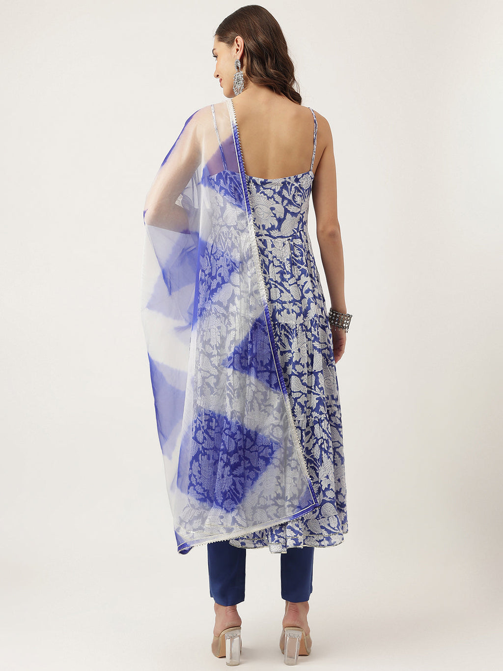Noe Velarro Blue Muslin Floral Printed Kurta, Trouser with Dupatta Set