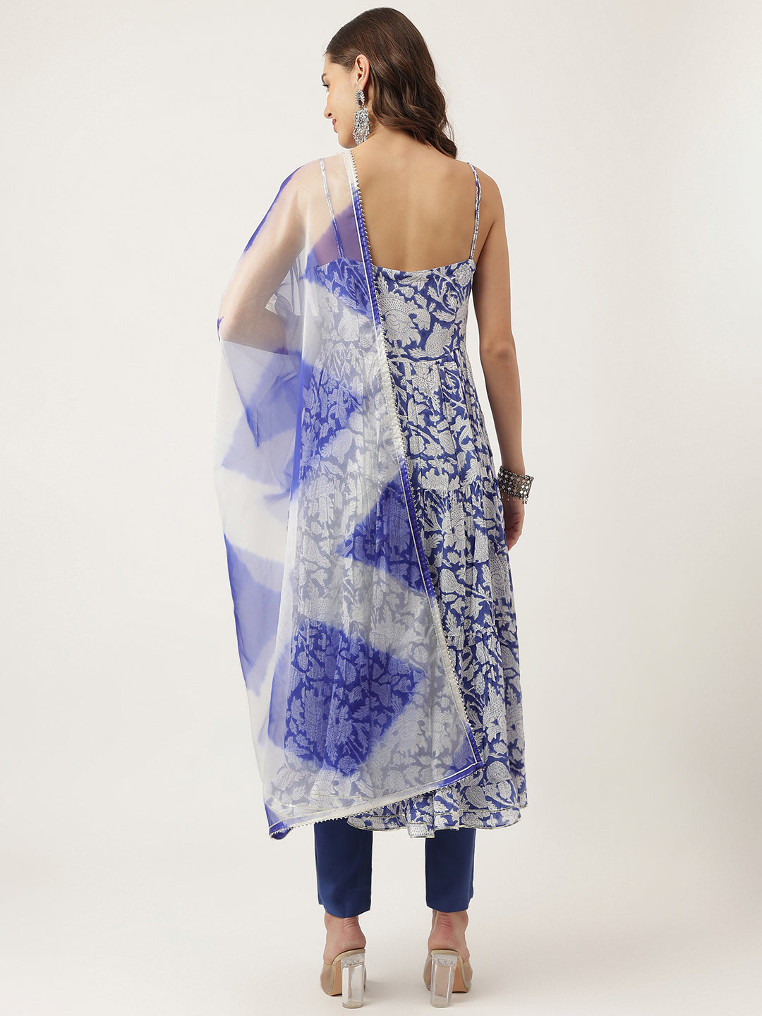 Noe Velarro Blue Muslin Floral Printed Kurta, Trouser with Dupatta Set