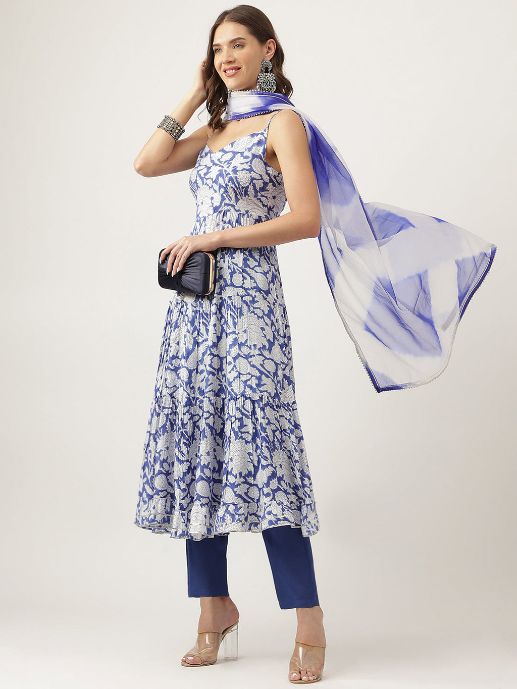 Noe Velarro Blue Muslin Floral Printed Kurta, Trouser with Dupatta Set