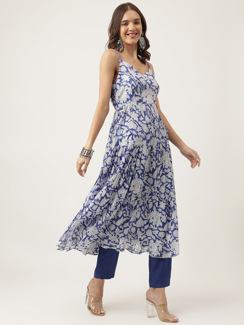 Noe Velarro Blue Muslin Floral Printed Kurta, Trouser with Dupatta Set
