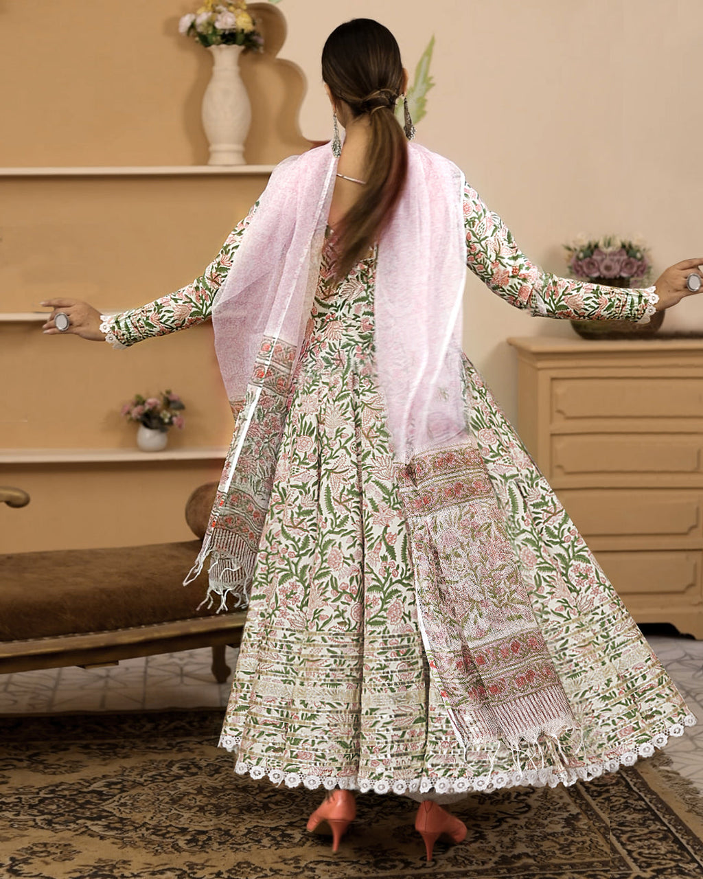 Noe Velarro Handblock Printed Green Anarkali Cotton Kurta With Trousers & Dupatta