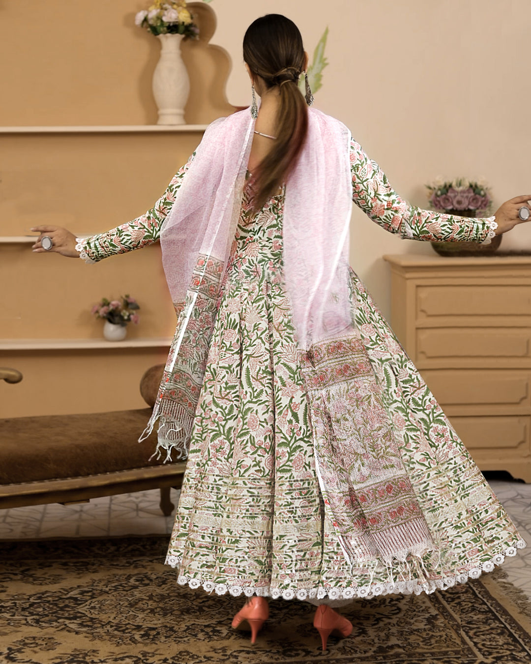 Noe Velarro Handblock Printed Green Anarkali Cotton Kurta With Trousers & Dupatta