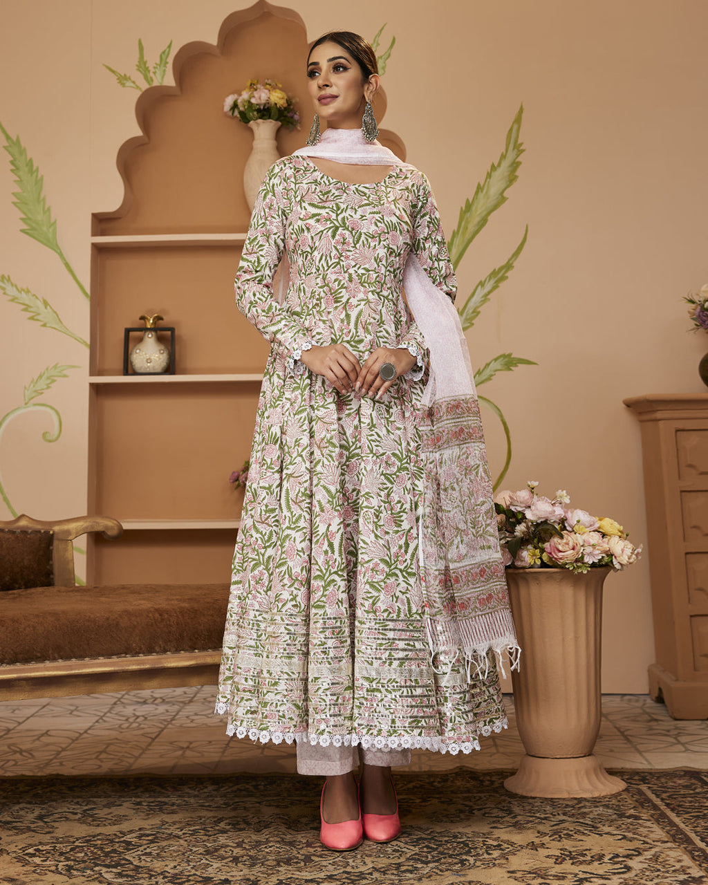 Noe Velarro Handblock Printed Green Anarkali Cotton Kurta With Trousers & Dupatta