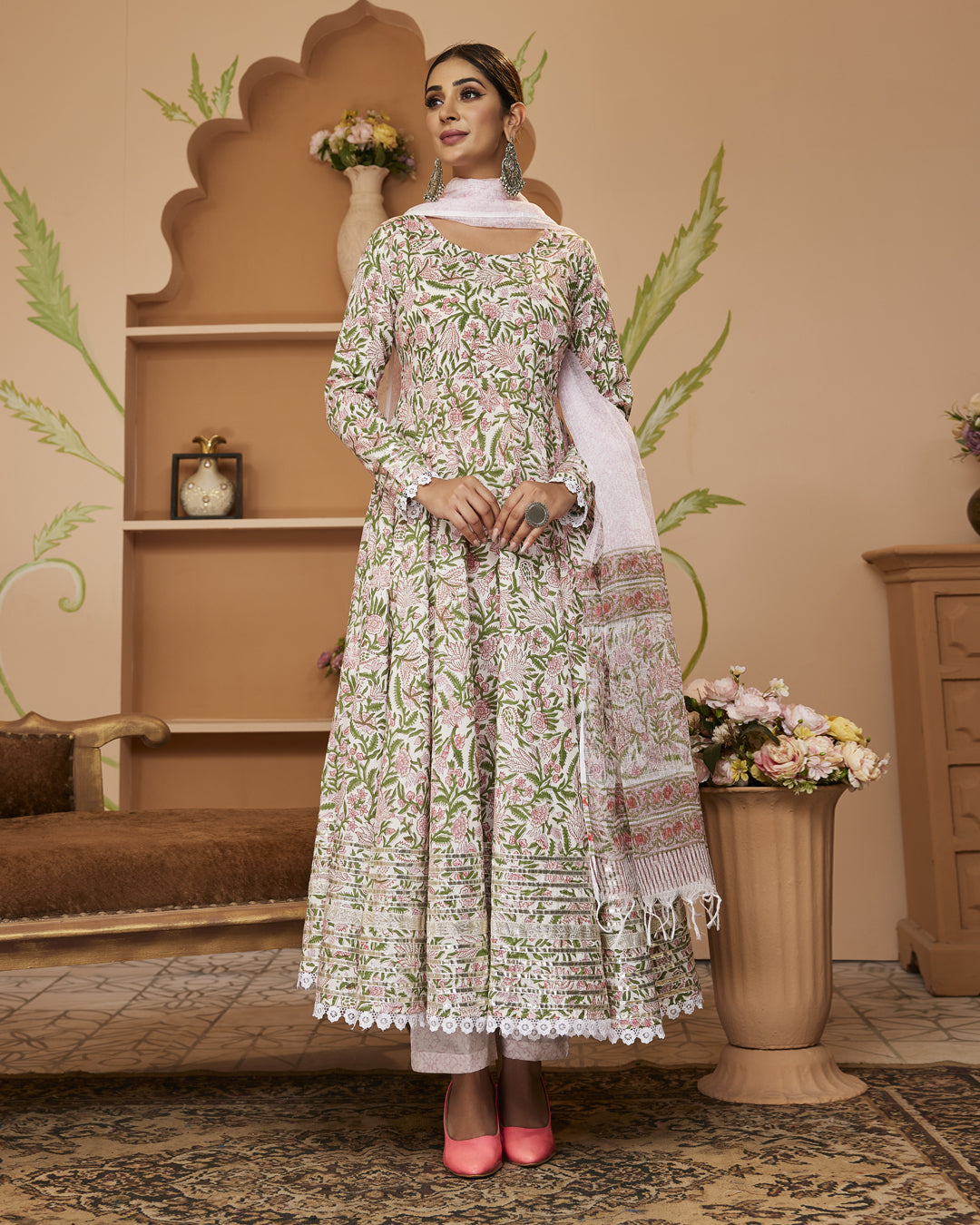 Noe Velarro Handblock Printed Green Anarkali Cotton Kurta With Trousers & Dupatta