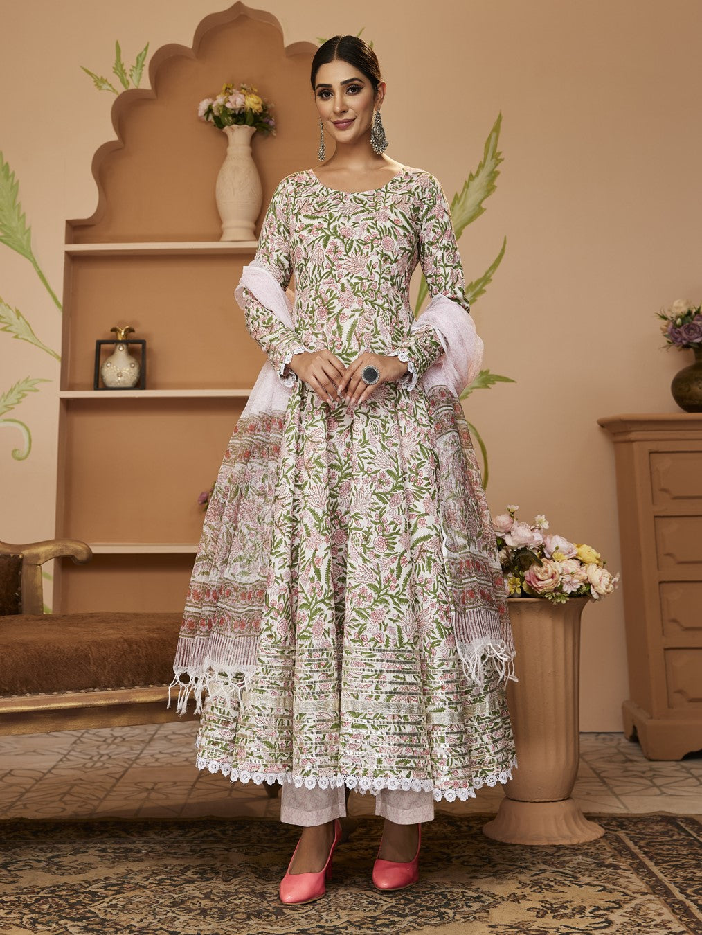Noe Velarro Handblock Printed Green Anarkali Cotton Kurta With Trousers & Dupatta