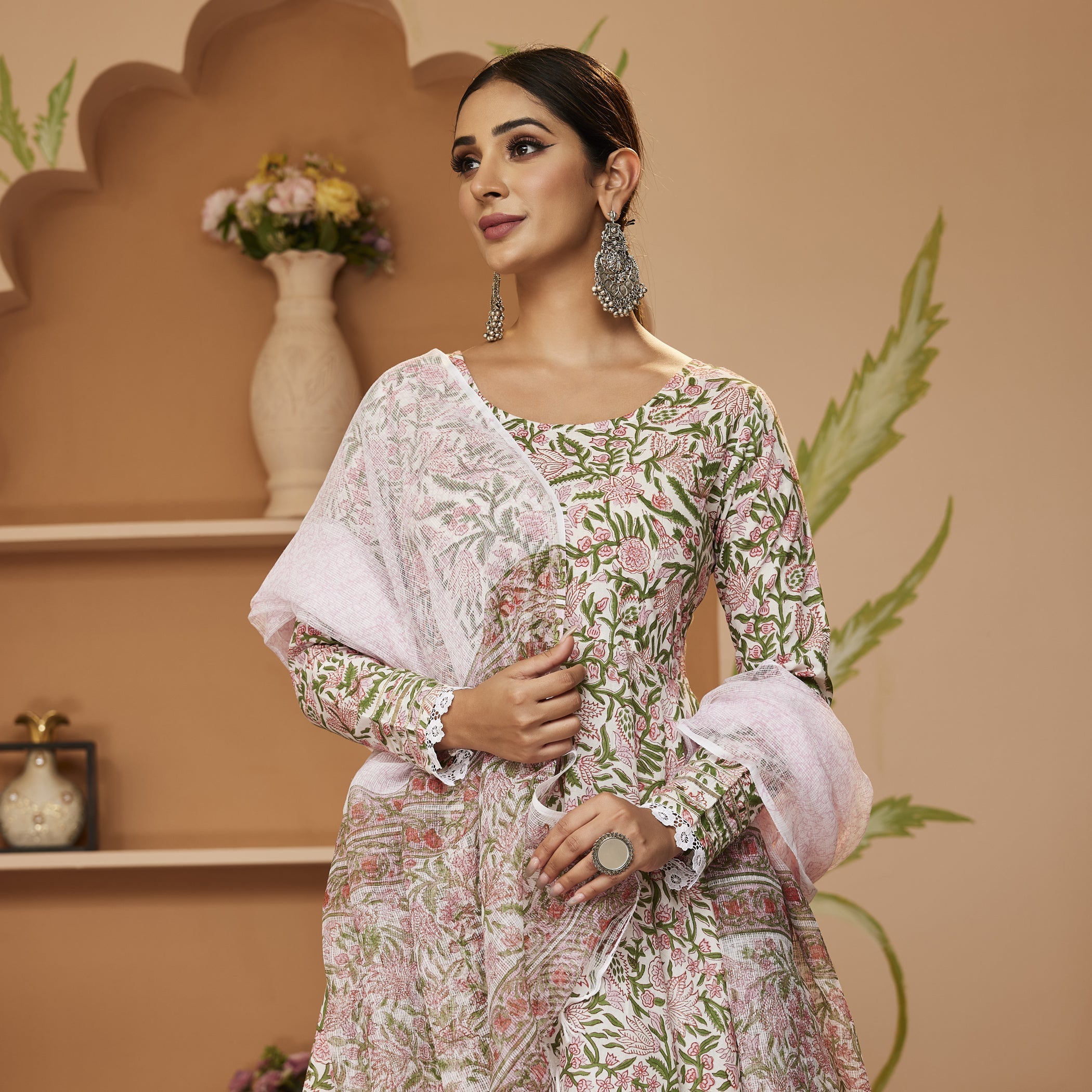 Noe Velarro Handblock Printed Green Anarkali Cotton Kurta With Trousers & Dupatta