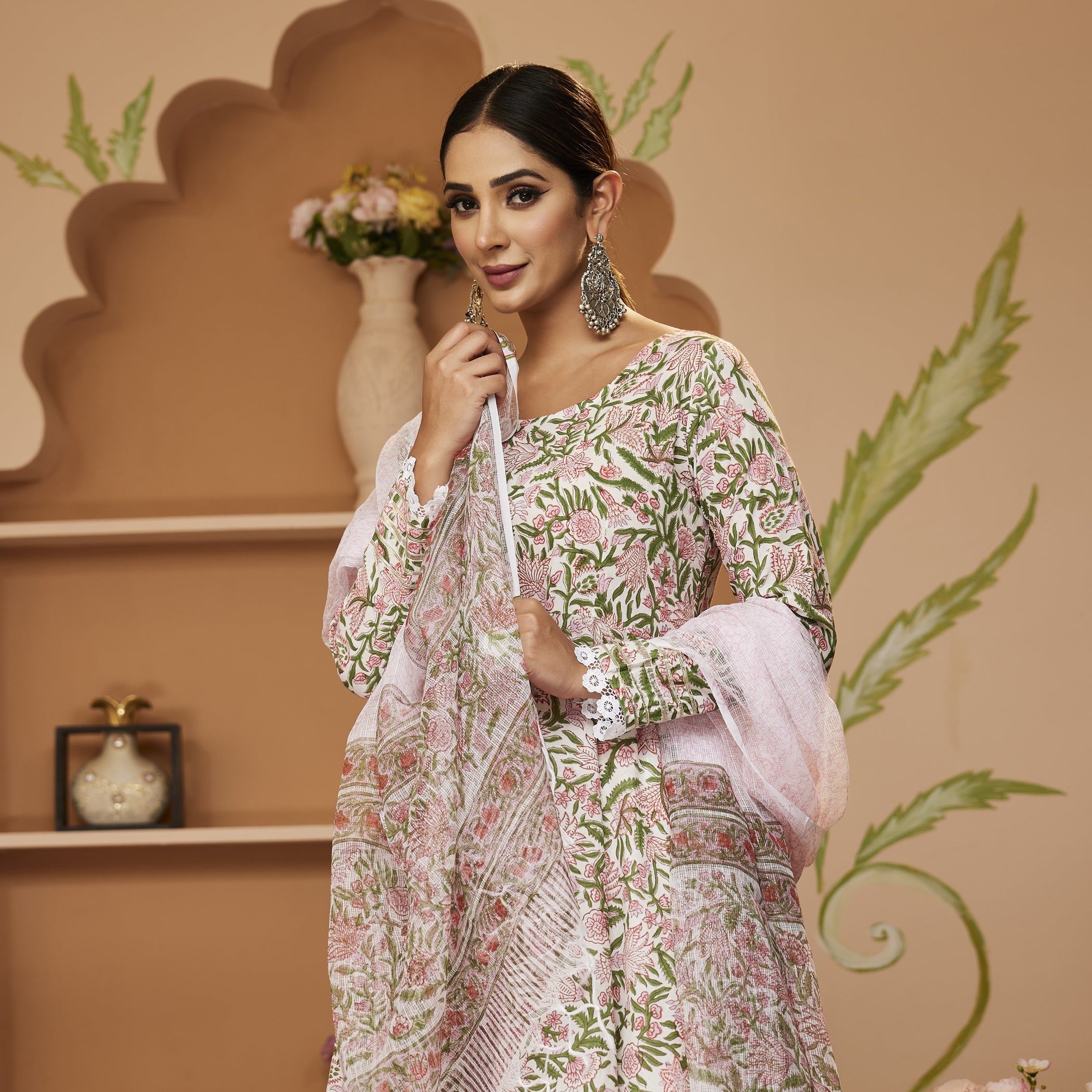 Noe Velarro Handblock Printed Green Anarkali Cotton Kurta With Trousers & Dupatta