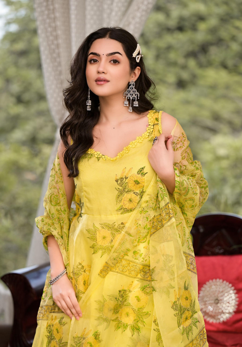 Noe Velarro Light Yellow Hand Painted Floral Organza Anarkali Kurta Pant Set with Dupatta
