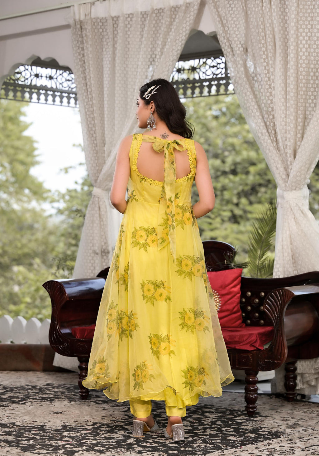 Noe Velarro Light Yellow Hand Painted Floral Organza Anarkali Kurta Pant Set with Dupatta