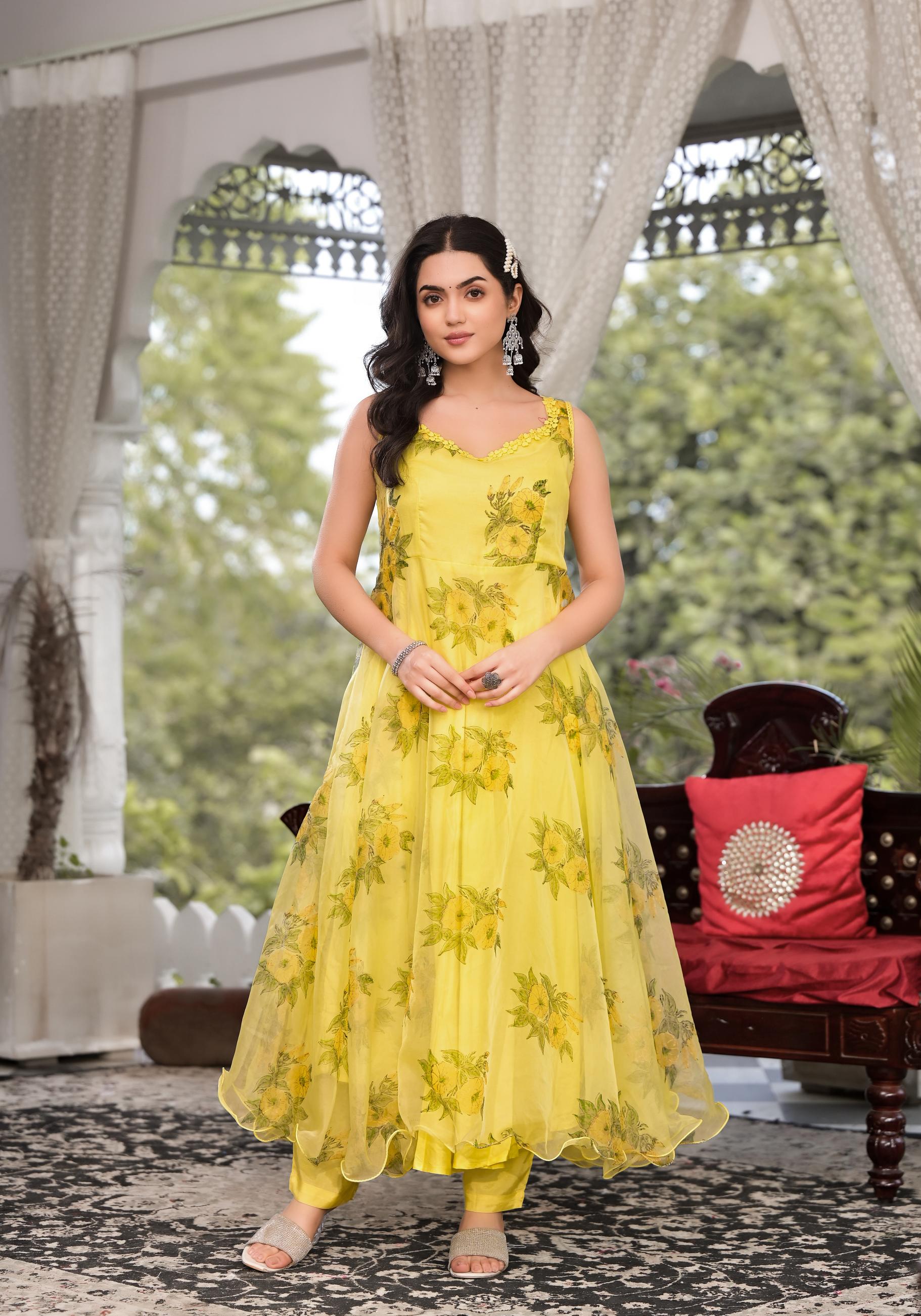 Noe Velarro Light Yellow Hand Painted Floral Organza Anarkali Kurta Pant Set with Dupatta