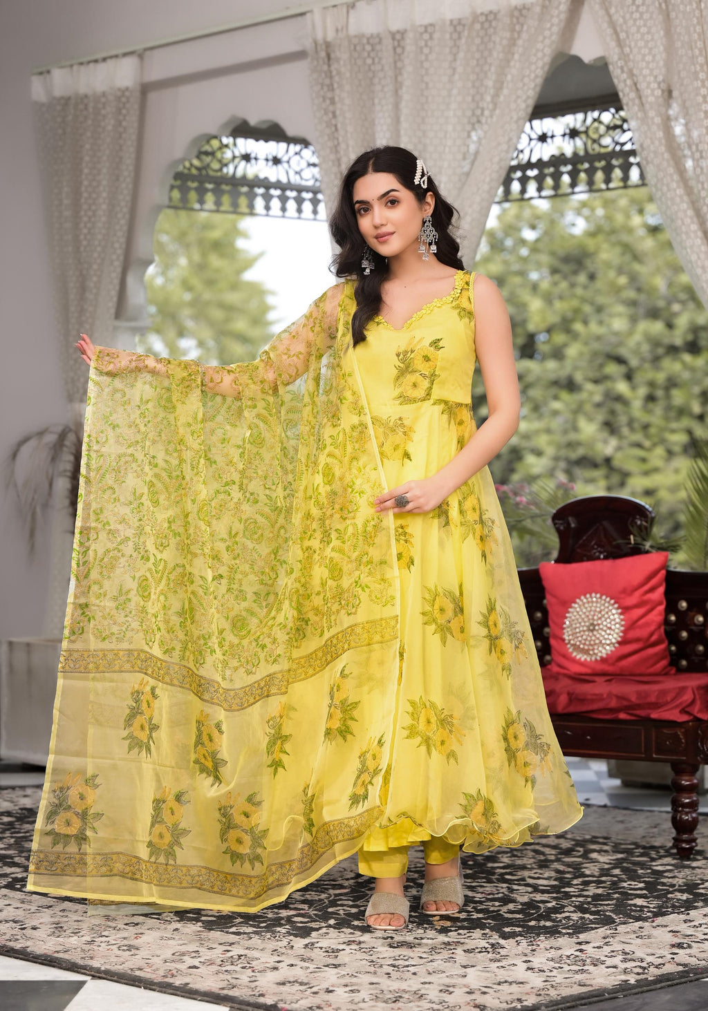 Noe Velarro Light Yellow Hand Painted Floral Organza Anarkali Kurta Pant Set with Dupatta