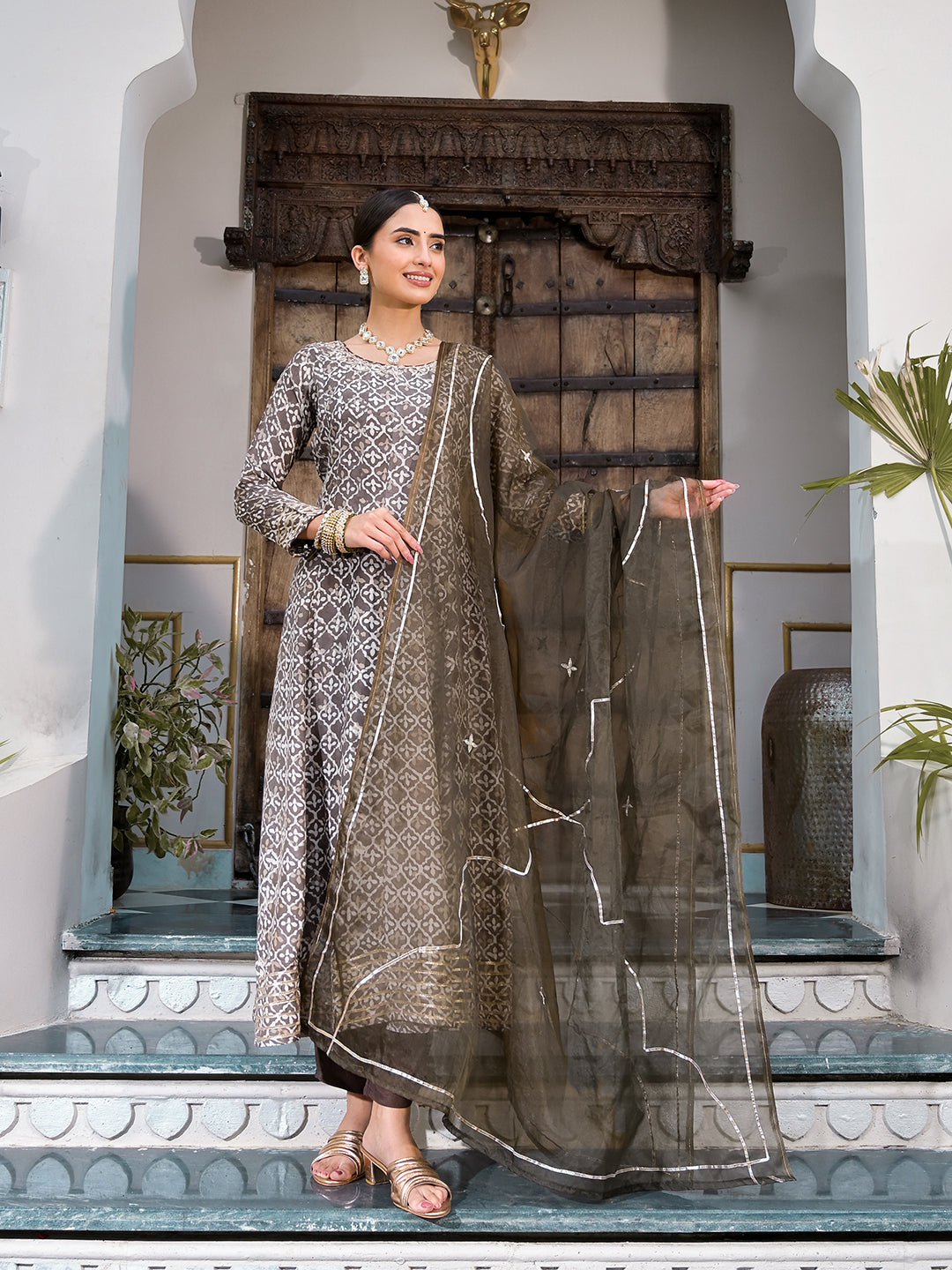 Noe Velarro Brown Asymetric Print Muslin Anarkali kurta pant with Dupatta Set
