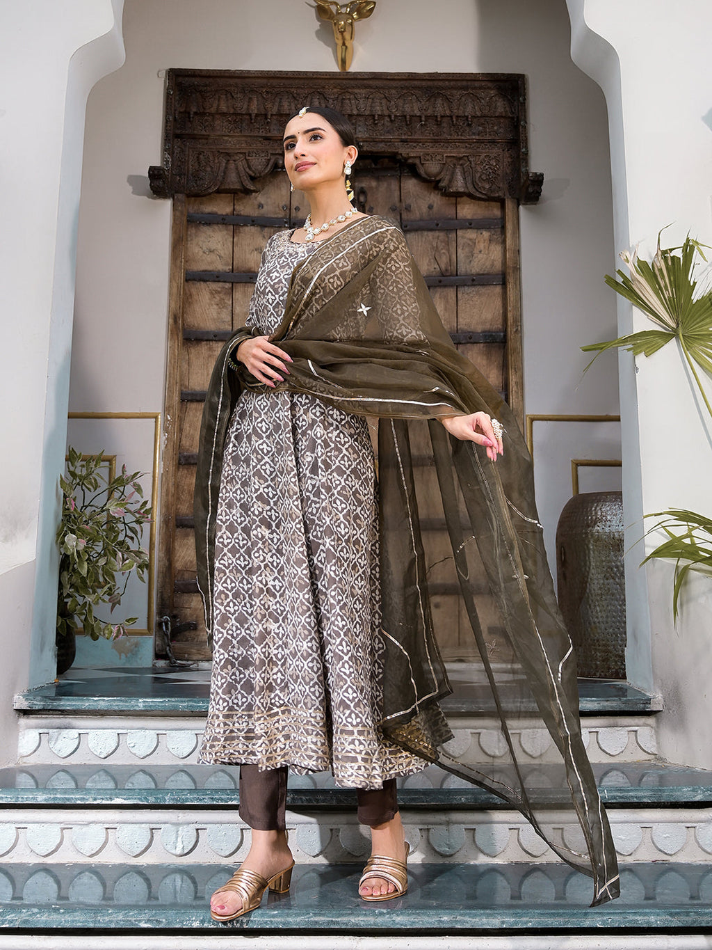 Noe Velarro Brown Asymetric Print Muslin Anarkali kurta pant with Dupatta Set