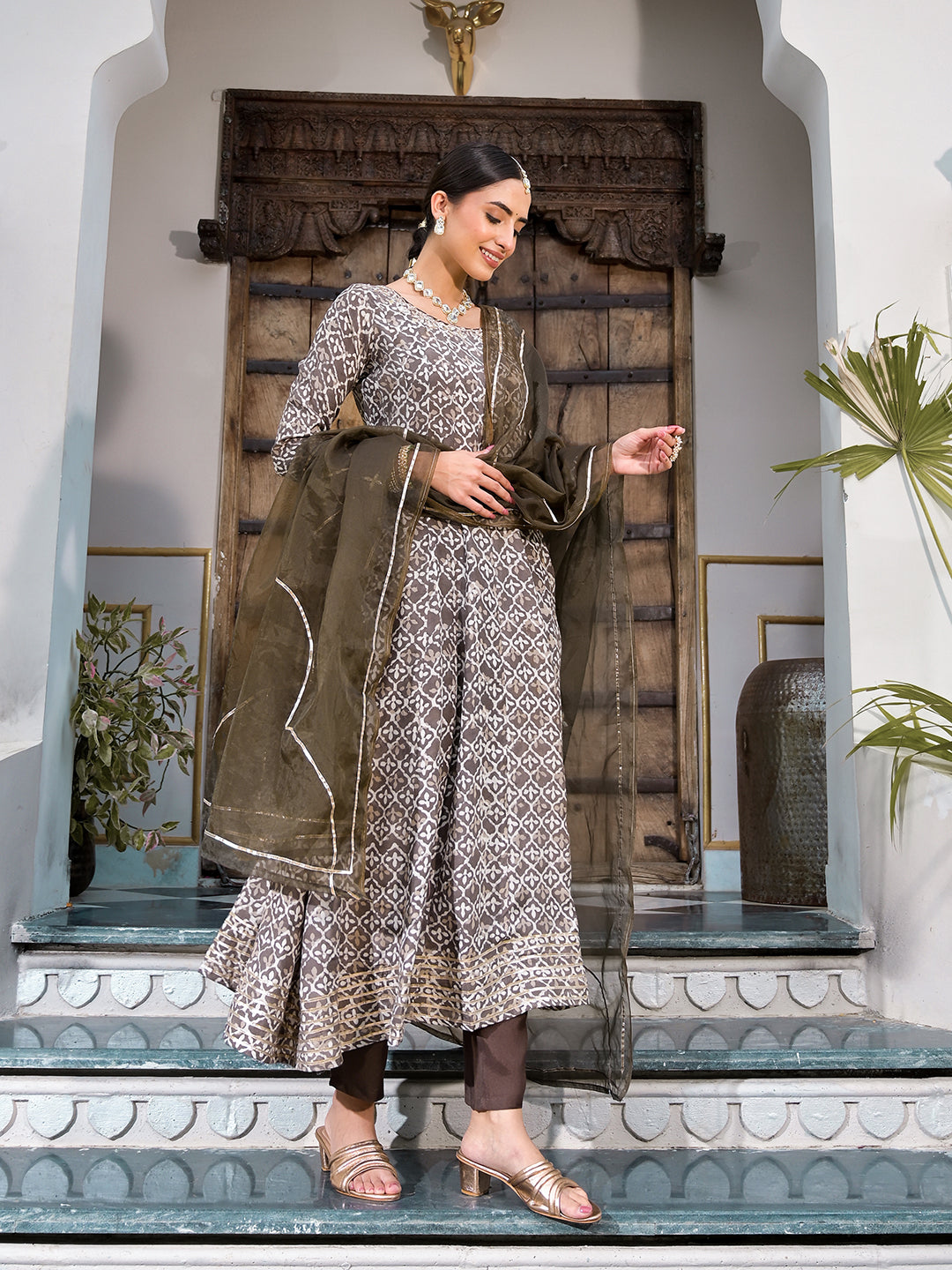 Noe Velarro Brown Asymetric Print Muslin Anarkali kurta pant with Dupatta Set