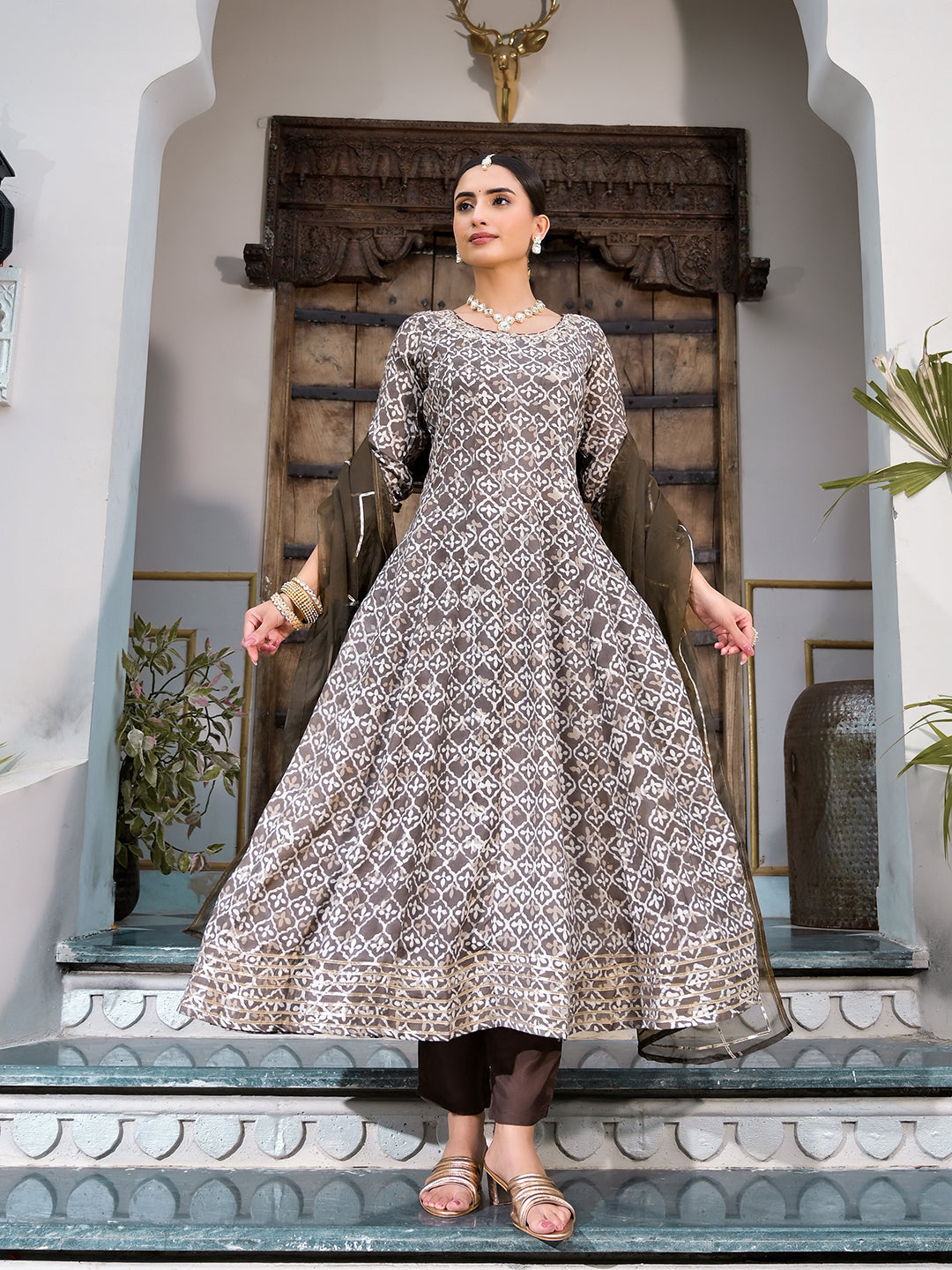Noe Velarro Brown Asymetric Print Muslin Anarkali kurta pant with Dupatta Set