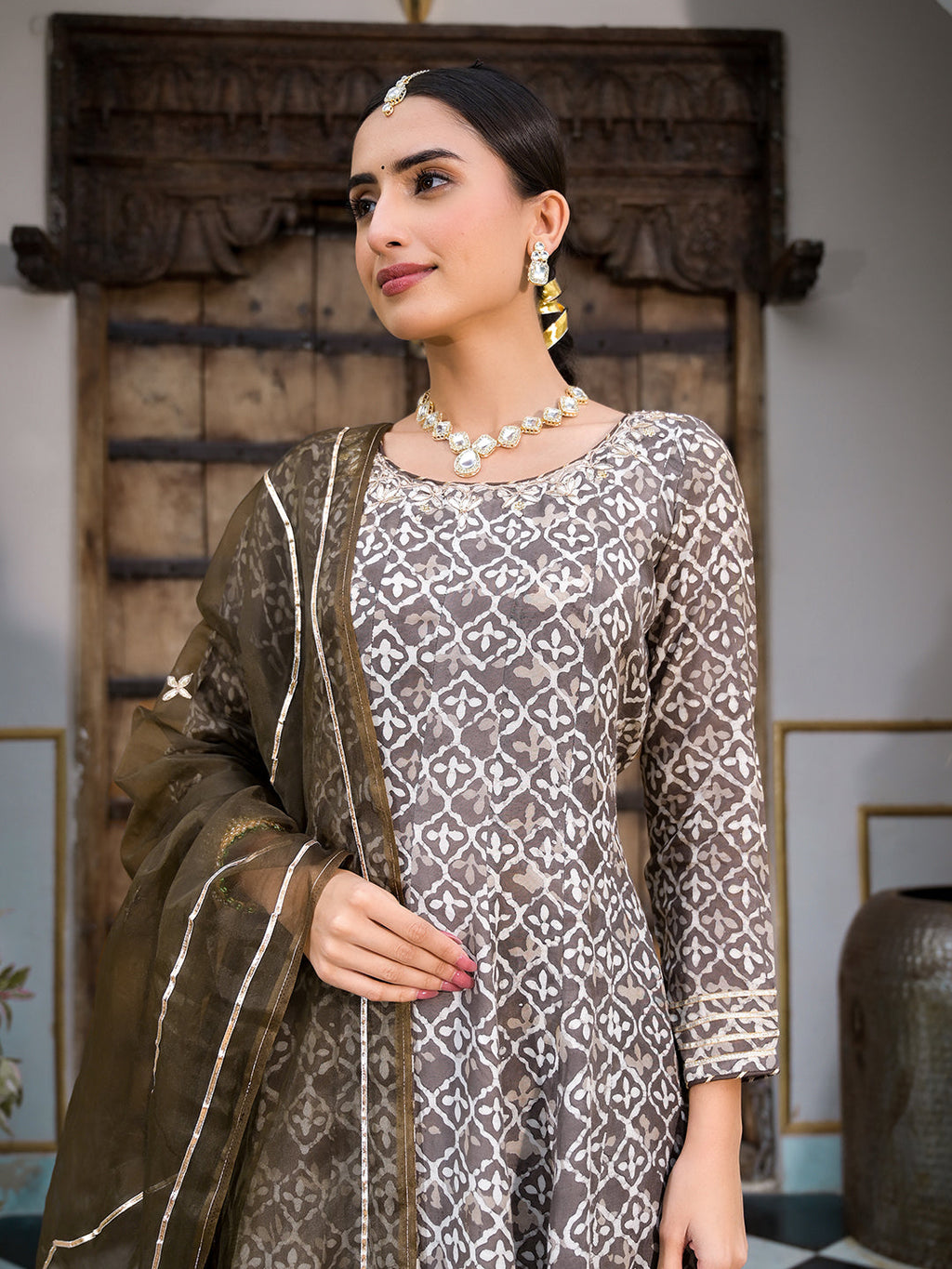 Noe Velarro Brown Asymetric Print Muslin Anarkali kurta pant with Dupatta Set