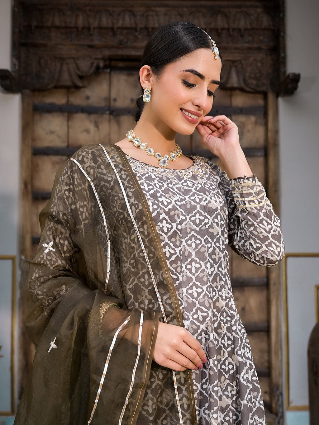 Noe Velarro Brown Asymetric Print Muslin Anarkali kurta pant with Dupatta Set