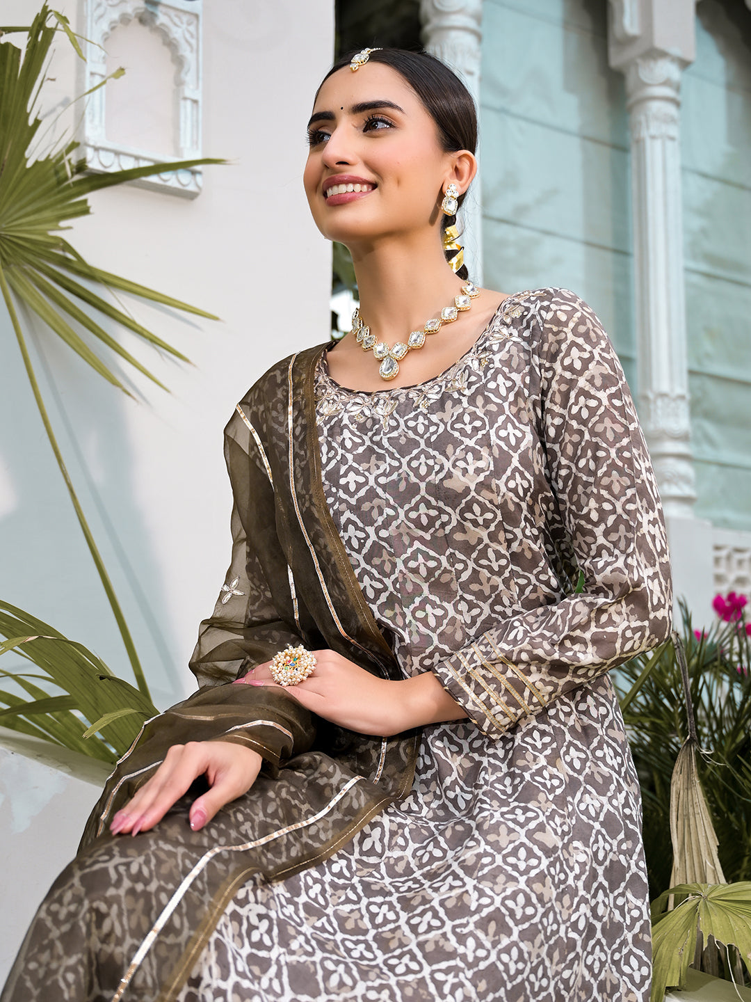 Noe Velarro Brown Asymetric Print Muslin Anarkali kurta pant with Dupatta Set
