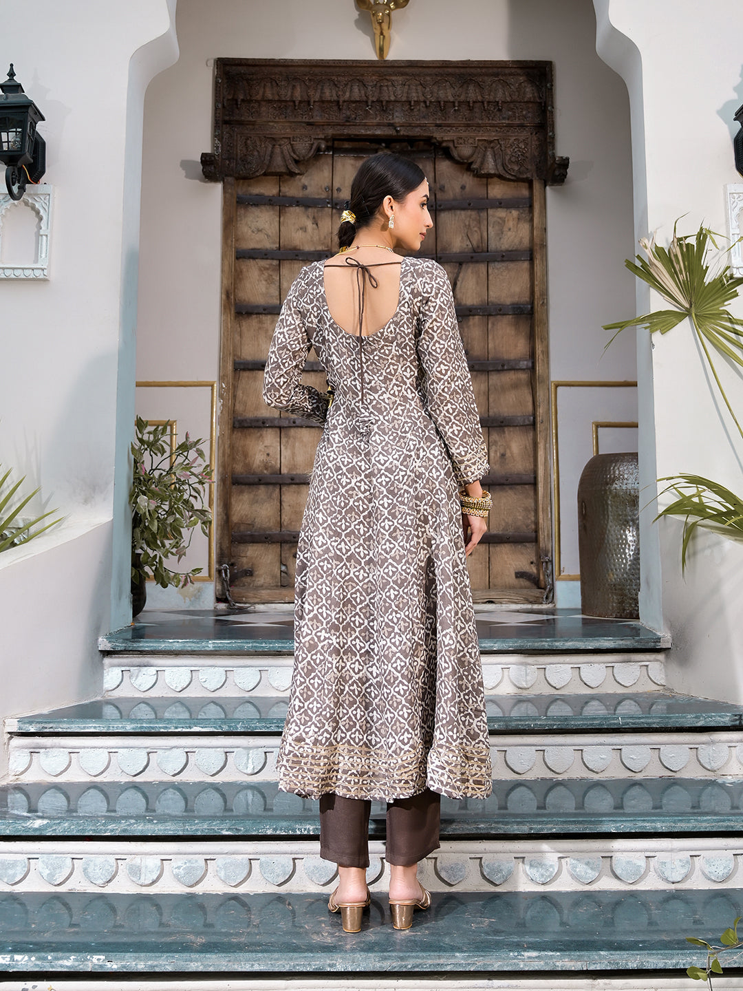 Noe Velarro Brown Asymetric Print Muslin Anarkali kurta pant with Dupatta Set