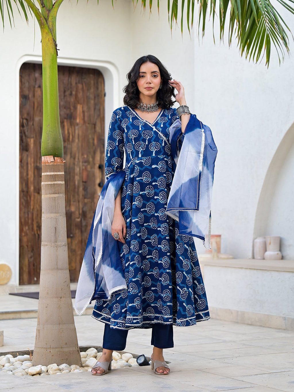 Noe Velarro Indigo Blue HandBlock Print Cotton Anarkali Kurta Set with Organza Dupatta