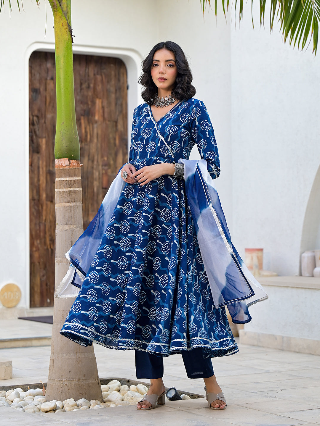 Noe Velarro Indigo Blue HandBlock Print Cotton Anarkali Kurta Set with Organza Dupatta