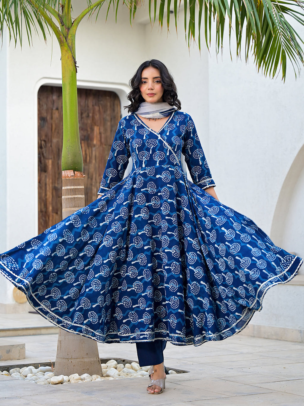 Noe Velarro Indigo Blue HandBlock Print Cotton Anarkali Kurta Set with Organza Dupatta