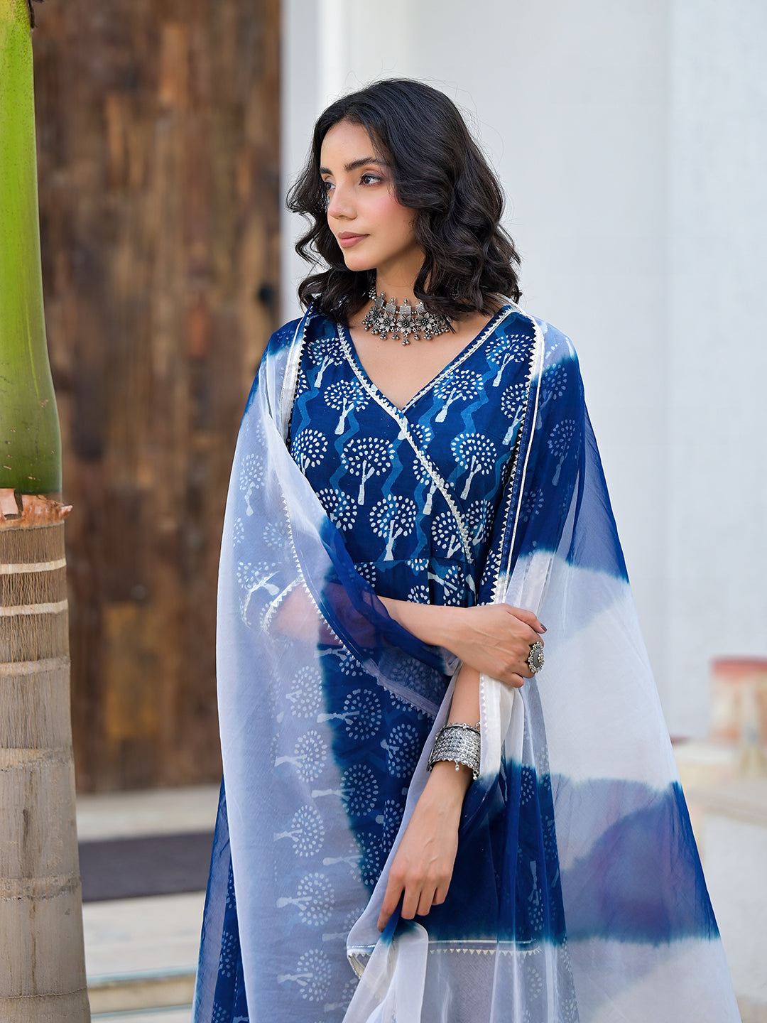 Noe Velarro Indigo Blue HandBlock Print Cotton Anarkali Kurta Set with Organza Dupatta