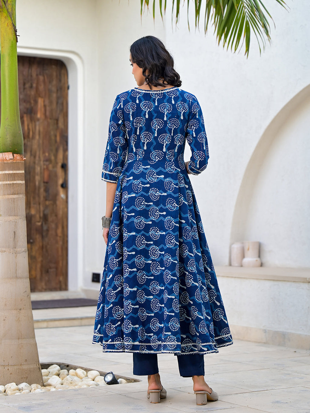 Noe Velarro Indigo Blue HandBlock Print Cotton Anarkali Kurta Set with Organza Dupatta