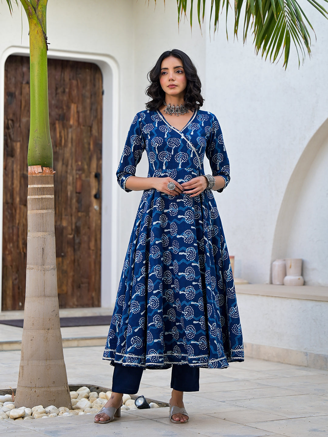 Noe Velarro Indigo Blue HandBlock Print Cotton Anarkali Kurta Set with Organza Dupatta
