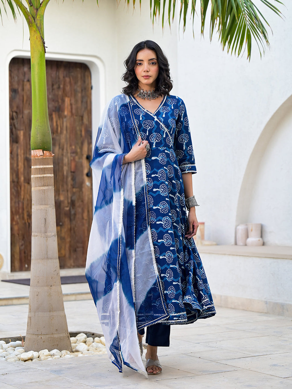 Noe Velarro Indigo Blue HandBlock Print Cotton Anarkali Kurta Set with Organza Dupatta